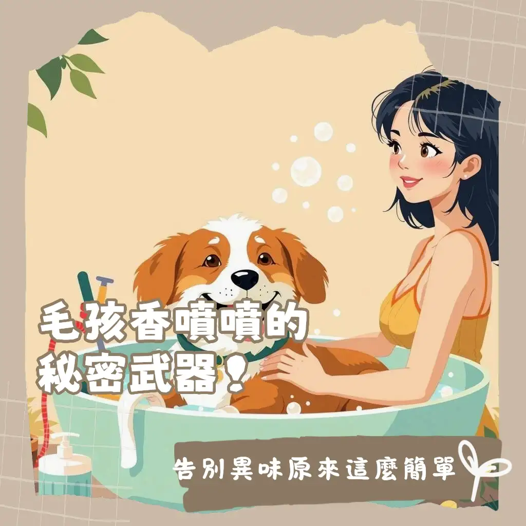 寵物洗澡步驟教學圖，涵蓋用品準備、水溫控制、正確清洗與吹乾技巧，幫助毛孩遠離皮膚病。