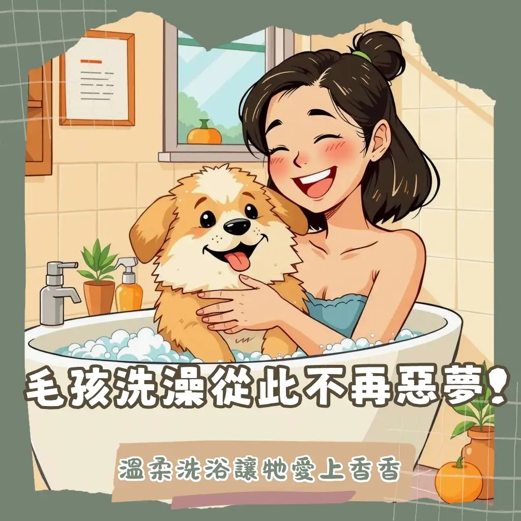 圖示:詳盡寵物洗澡順序教學,包含梳毛、沖洗、上洗劑、沖淨與吹乾,讓毛孩享受洗香香。