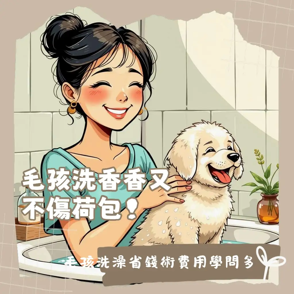 一隻洗澡後毛髮蓬鬆的可愛小型犬，開心吐舌頭的寵物洗澡價格與服務大綱