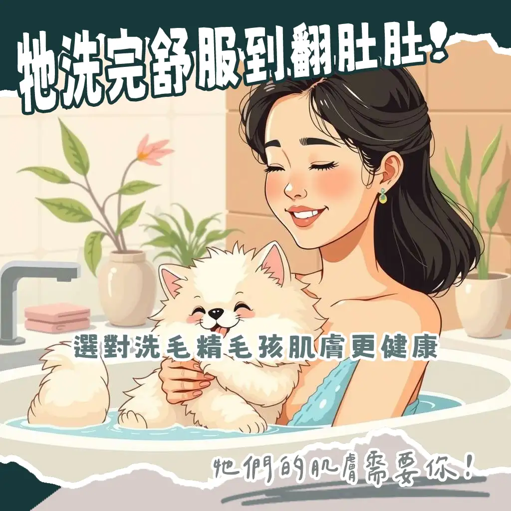 寵物洗毛精的挑選與使用指南，圖中毛孩享受洗澡樂趣，展現健康亮麗的毛髮與皮膚。