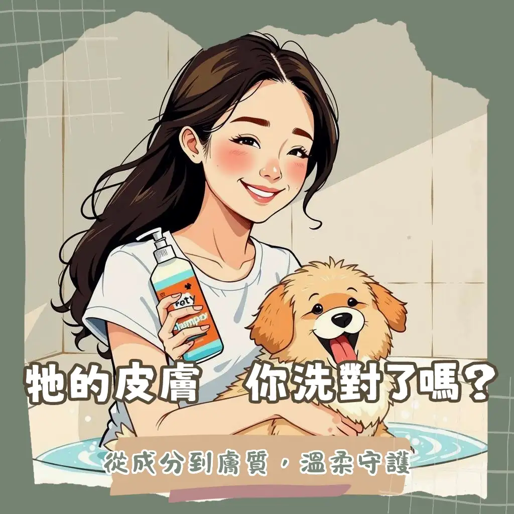 一隻毛髮蓬鬆的狗狗在泡泡中享受洗澡，旁邊有寵物洗澡沐浴乳，象徵溫和清潔與肌膚護理。