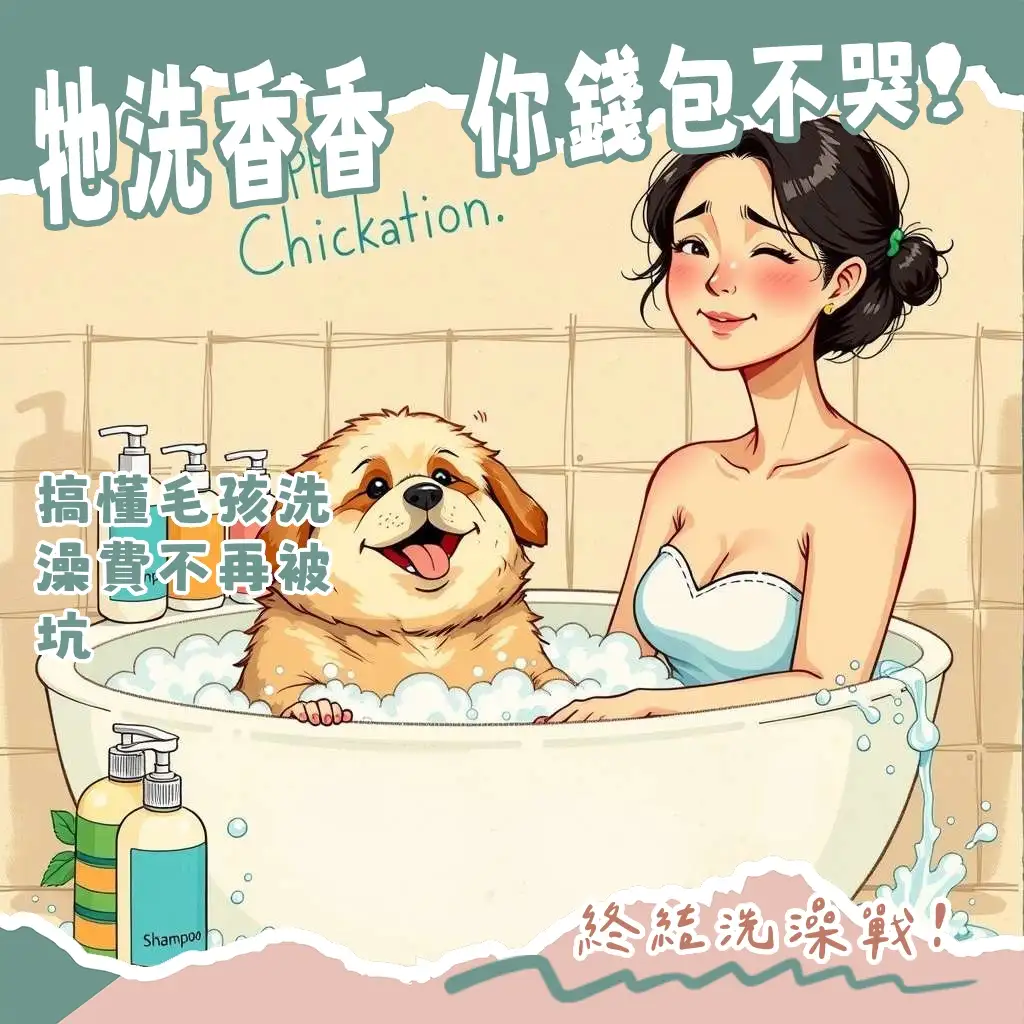寵物洗澡價格影響因素圖，包含狗狗、貓咪不同體型與毛髮的洗澡費用，以及美容服務內容比較。