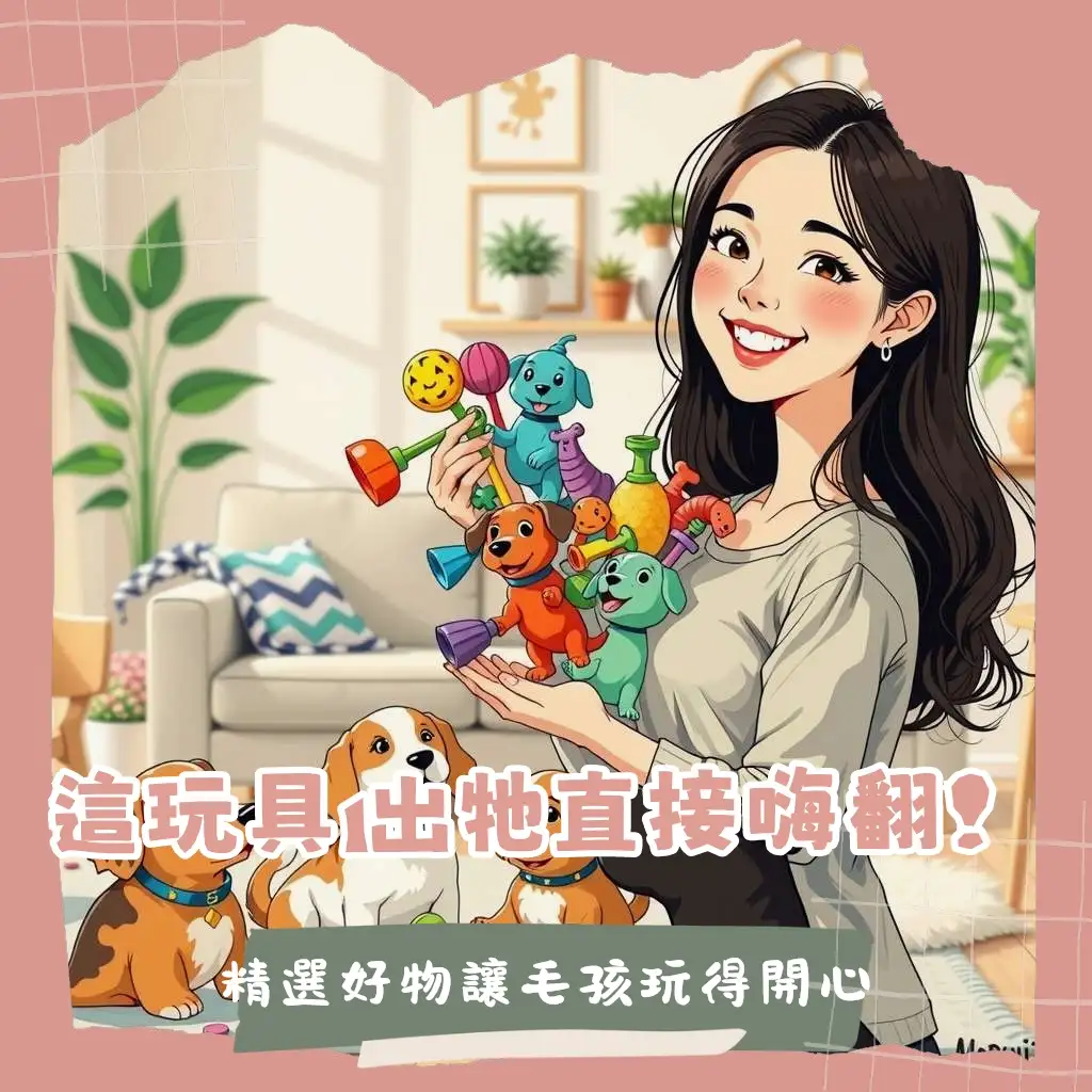 可愛寵物狗正在玩耐咬玩具的快樂畫面，展示不同類型寵物狗玩具的優點與選購要點。