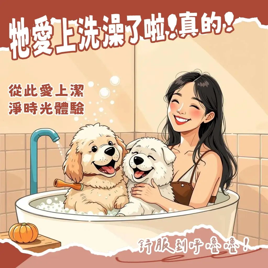 飼主使用寵物洗澡按摩刷輕柔地幫狗狗洗澡，狗狗享受按摩的舒適表情，展現清潔與毛髮去廢毛後的蓬鬆感。