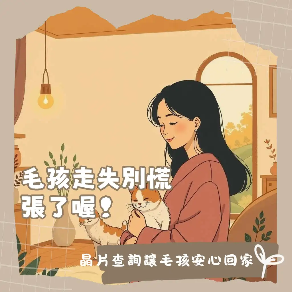 寵物晶片查詢指南，幫助飼主透過晶片資訊協尋走失毛孩，圖示晶片掃描流程。