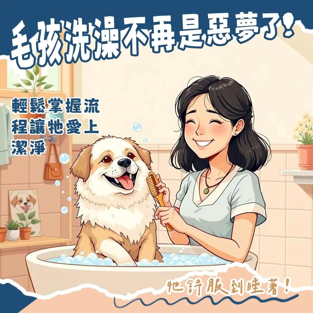 詳細寵物洗澡流程圖解，涵蓋事前梳毛、水溫打濕、洗毛精搓揉、徹底沖洗、擦乾與吹乾毛髮等所有步驟，確保毛孩舒適與皮膚健康。
