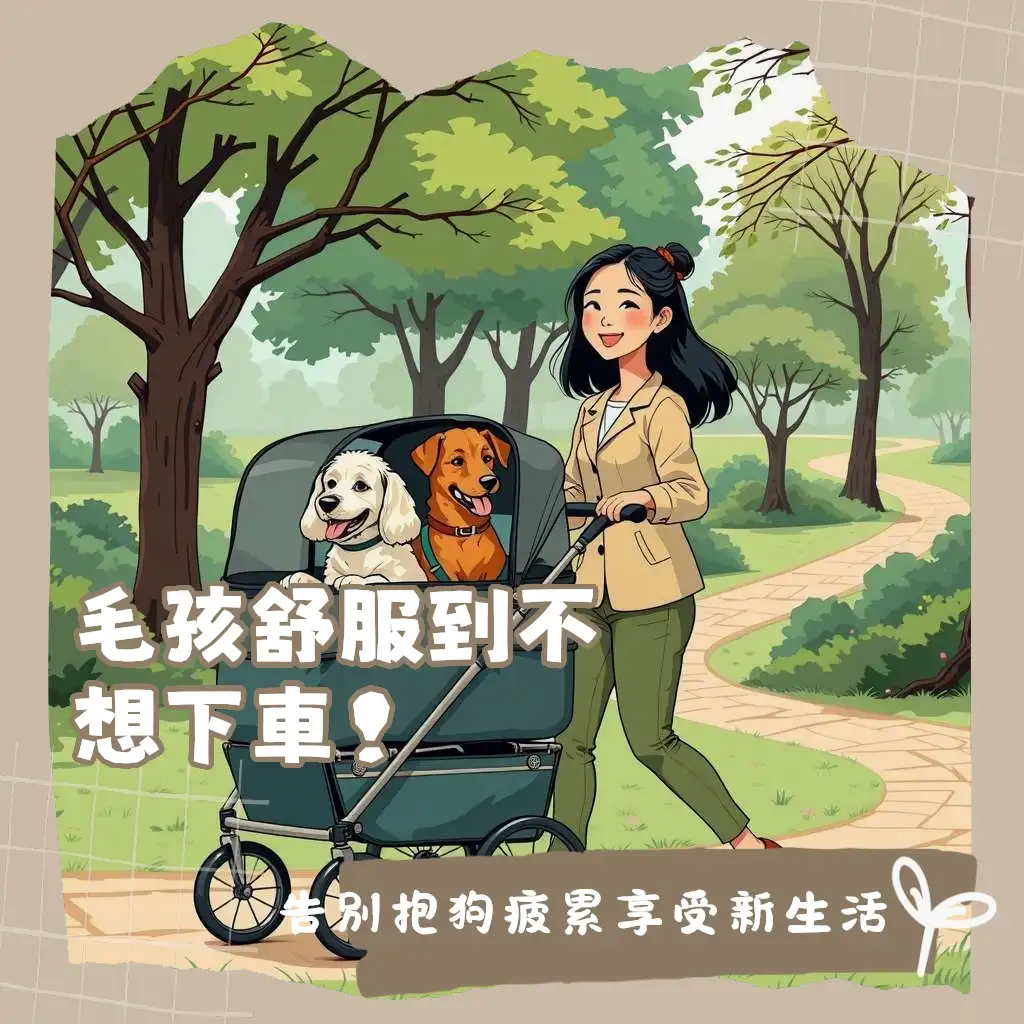 飼主推著大型寵物推車，大型犬坐在裡面舒適地外出散步，推車骨架堅固，輪胎耐磨避震，呈現毛孩安心悠遊的畫面。