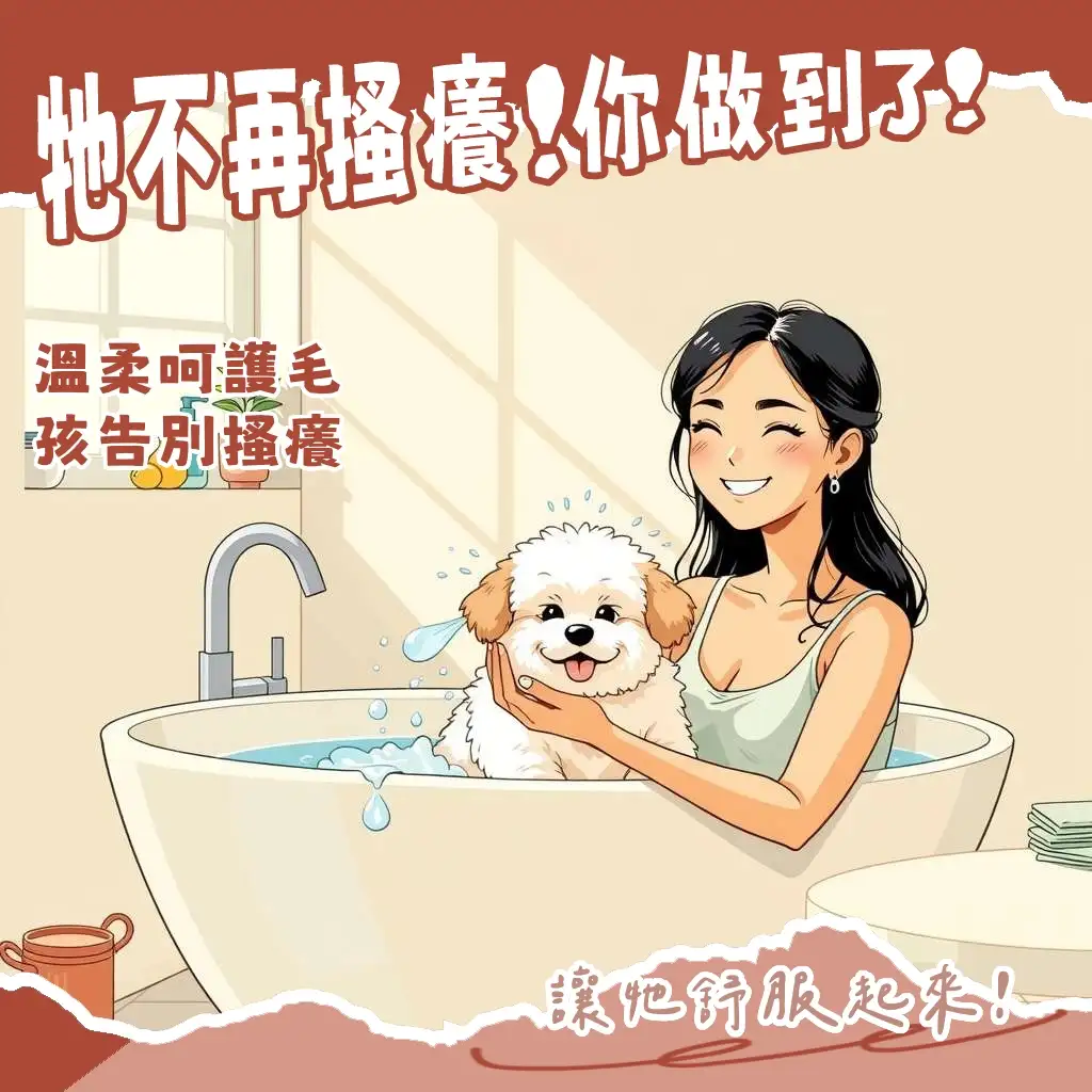 一隻溫柔的女性飼主正在為可愛的狗狗進行寵物洗澡除蚤，展現安心、溫馨的居家毛孩照護畫面。