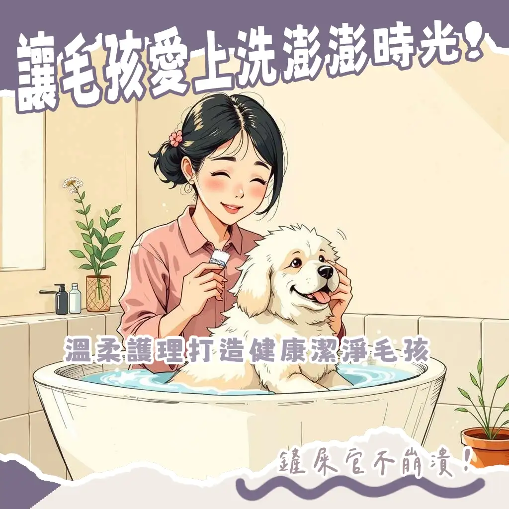 溫馨居家場景中，飼主溫柔為寵物洗澡的畫面，強調洗澡寵物的清潔護理與健康重要性。