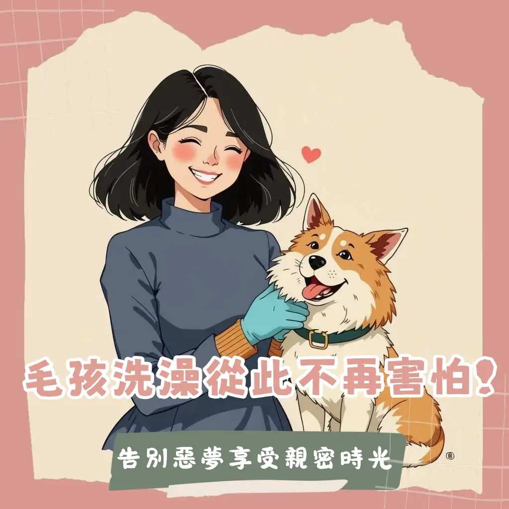 飼主使用矽膠寵物洗澡手套，溫柔替狗狗洗澡，手套刷毛有效清潔毛髮並提供按摩，讓狗狗表情舒適放鬆。