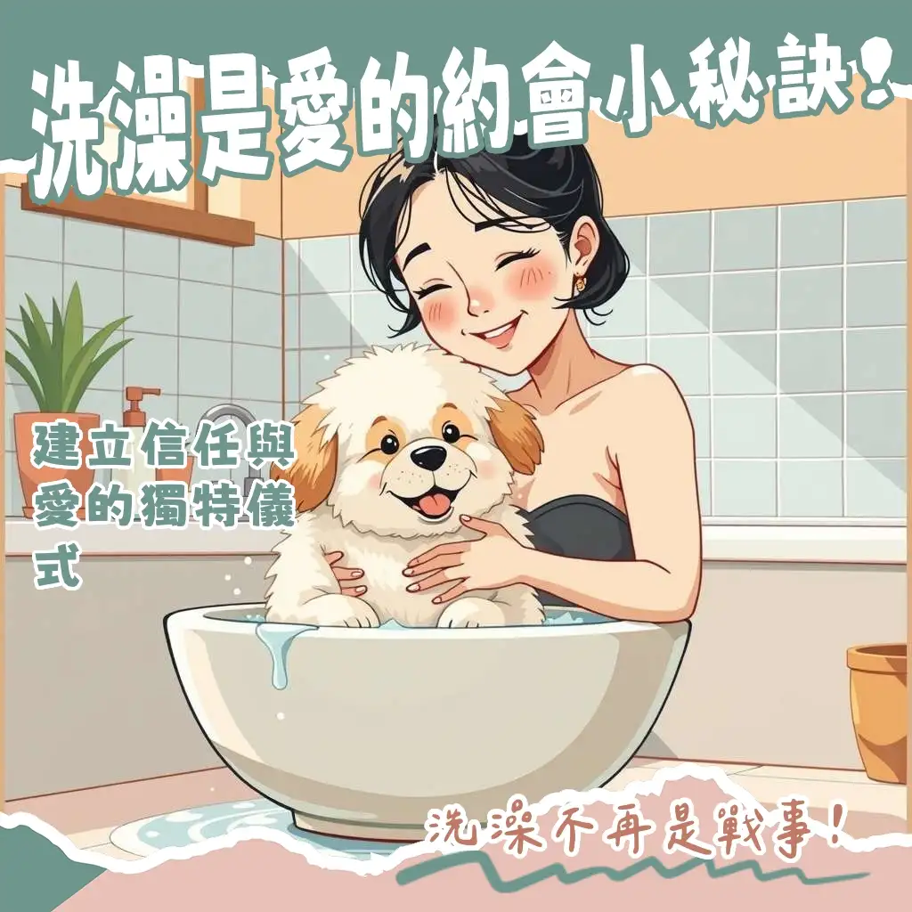 寵物洗澡教學：飼主溫柔為毛孩梳毛、洗澡、吹乾的溫馨互動大綱。