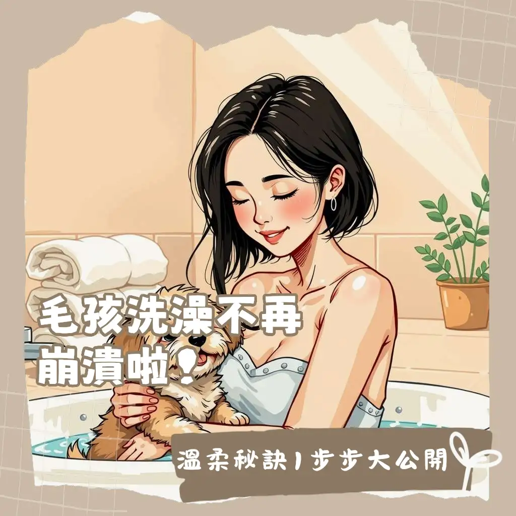 寵物洗澡步驟教學圖，涵蓋準備用品、濕潤、清潔、沖洗、擦乾與吹乾六大流程。