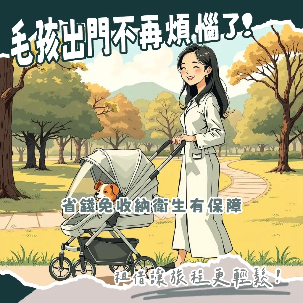 可愛狗狗坐在舒適寵物推車中，示範寵物推車租借服務的實用指南與便利選擇。