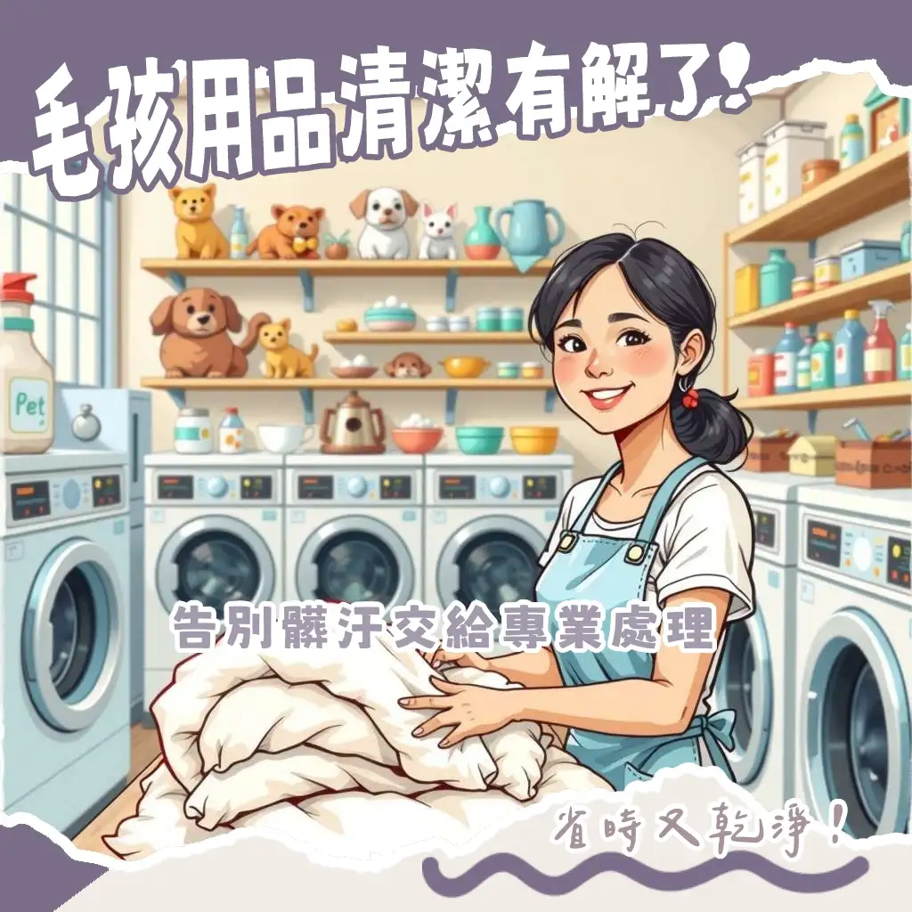 一間明亮乾淨的寵物洗衣店，多台寵物專用洗衣機與烘衣機，旁邊堆放著洗淨後的寵物墊和衣物，展現專業的寵物用品清潔站。