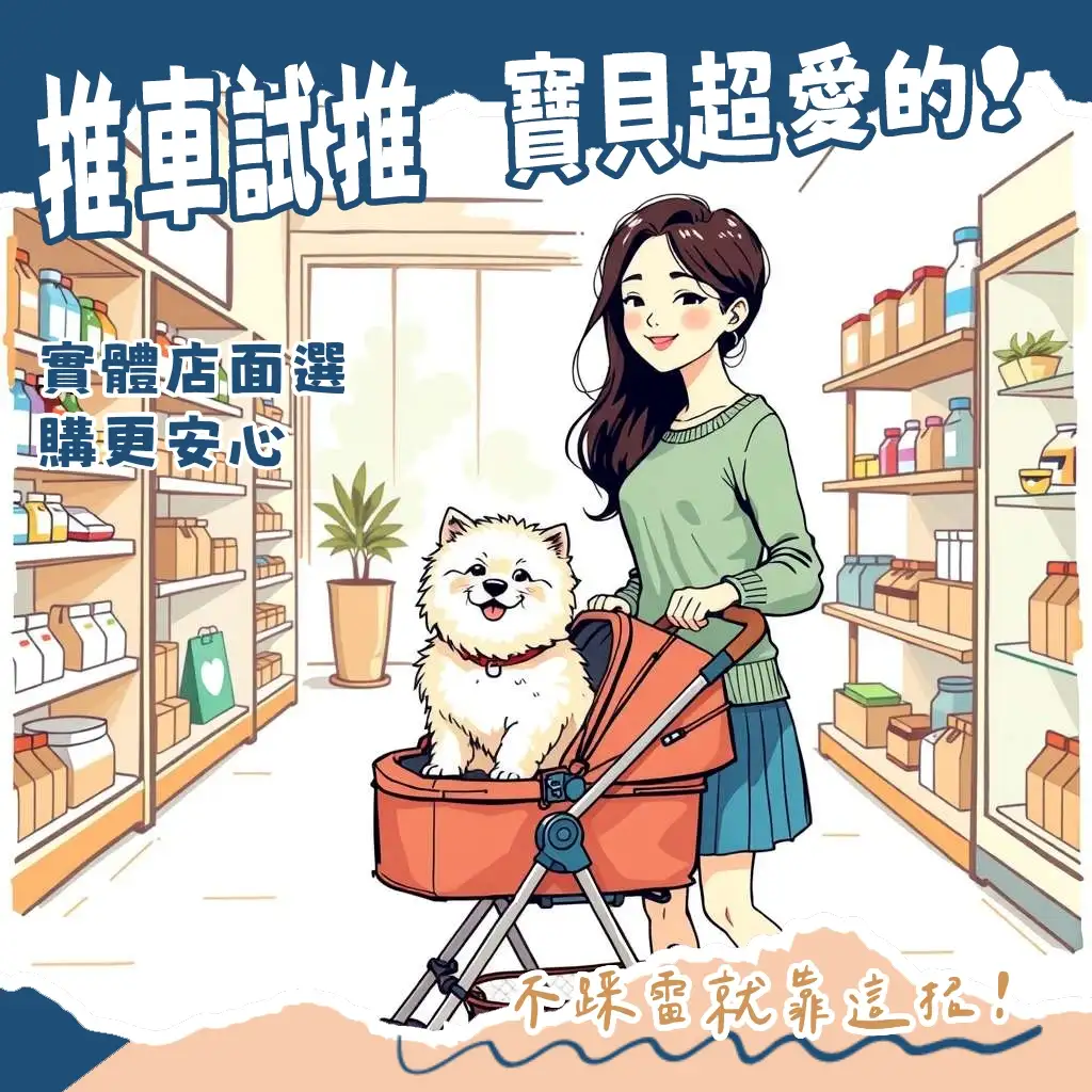 寵物推車實體店面，飼主親自試推寵物推車、專業人員解說，為毛孩選購專屬推車。