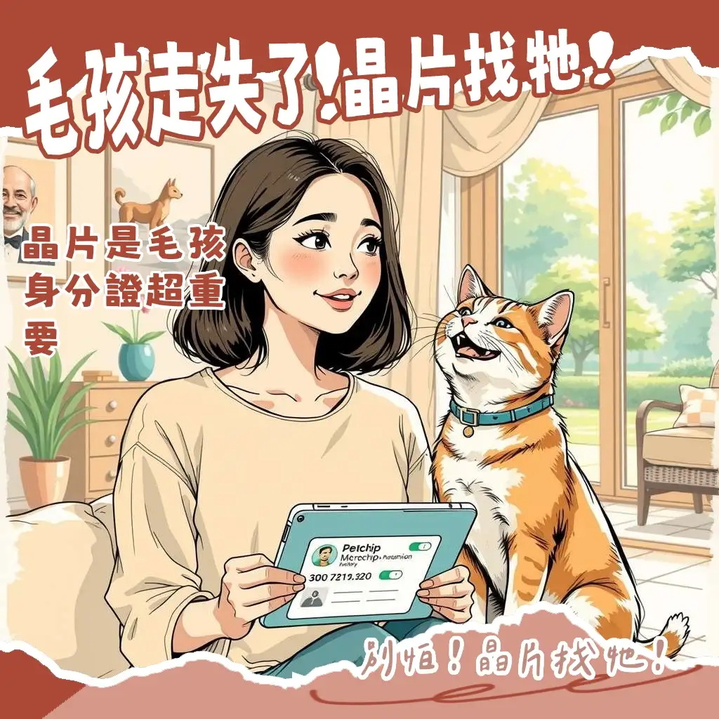 寵物芯片查詢系統操作流程圖，協助飼主快速找回走失毛孩，保障寵物安全，推動寵物登記。
