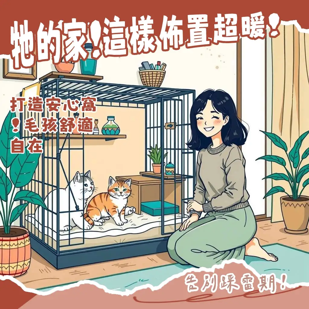 貓籠子推薦指南，圖示不同材質貓籠，包含金屬多層籠、塑膠運輸籠，搭配貓咪在籠內舒適活動的畫面，強調安全與舒適性。