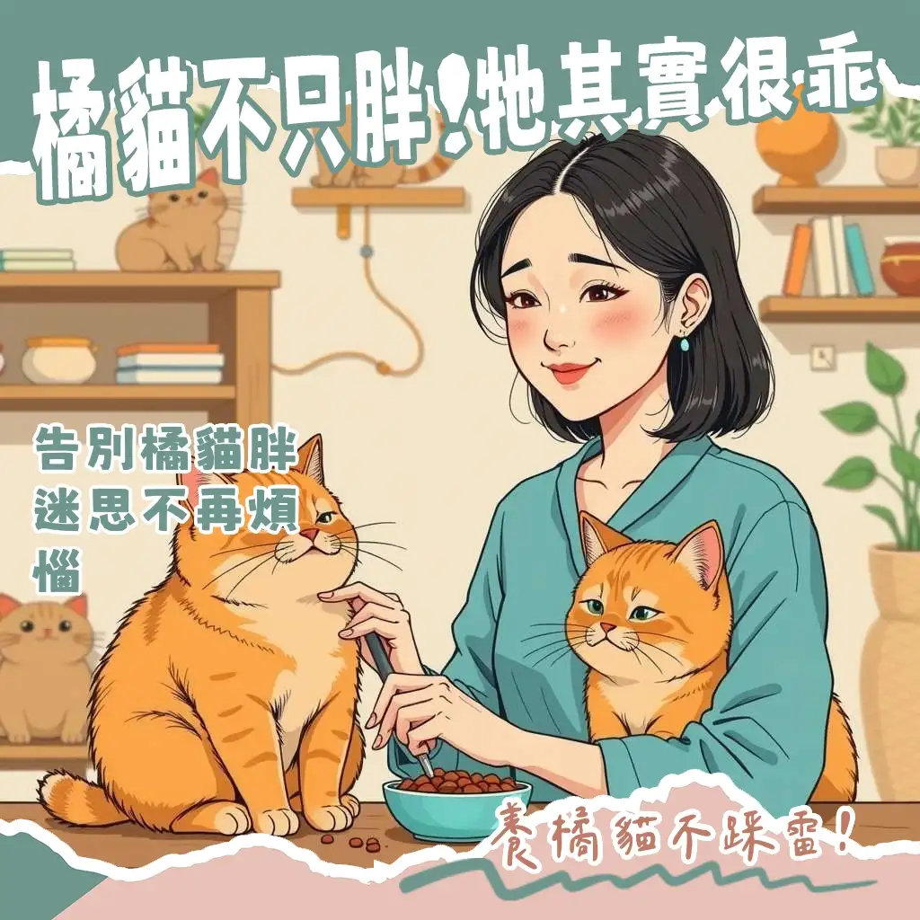 橘貓個性解析圖，涵蓋活潑親人、愛吃易胖等主要特徵，提供飼養照護重點。