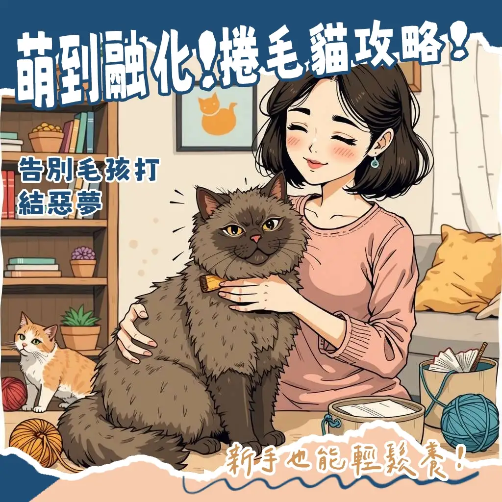 塞爾凱克捲毛貓慵懶躺臥，展示蓬鬆捲曲毛髮，搭配親人表情的特徵大綱。
