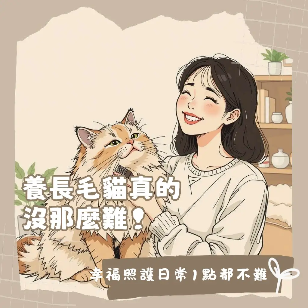 一隻正在被梳毛的波斯長毛貓，展現其蓬鬆毛髮，搭配飼養指南大綱。