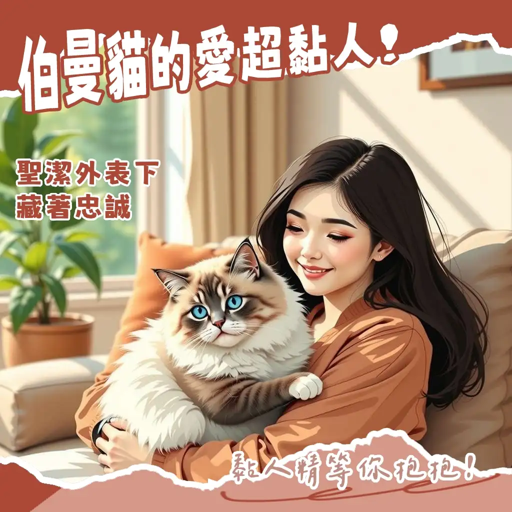 一隻擁有藍色杏仁眼與白色手套的溫柔伯曼貓，展現其獨特外貌與親人個性，搭配飼養指南。