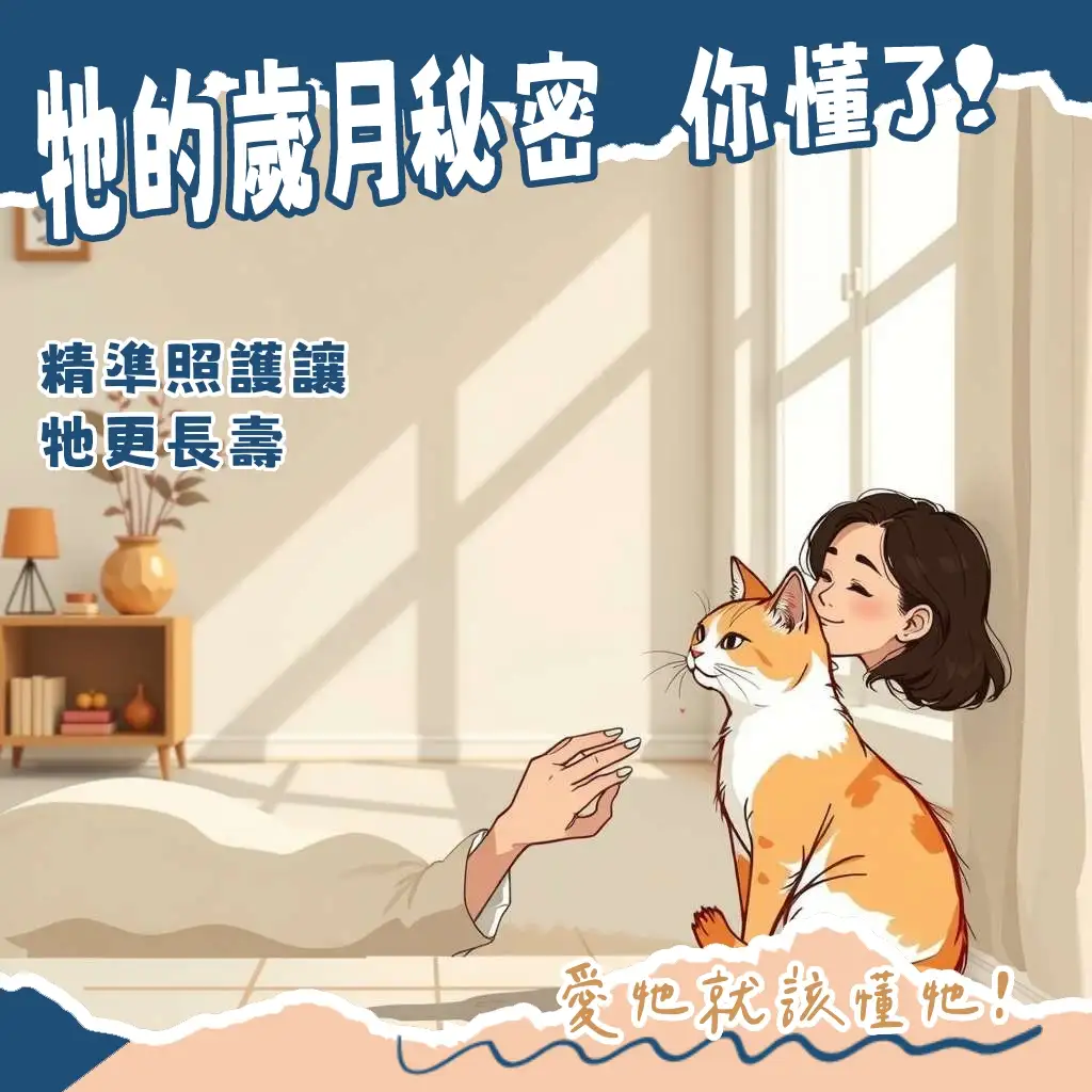 一隻可愛的貓咪坐在溫暖的陽光下，背景為貓年紀換算表格與各階段照護大綱。