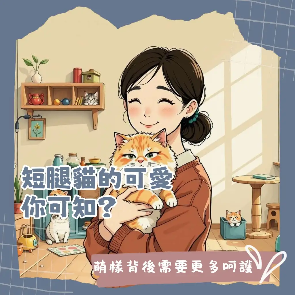 一隻活潑可愛的曼赤肯貓在室內玩耍，展現其短腿特徵與親人個性，並有飼主在旁照護的場景。