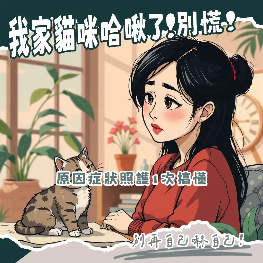 一隻貓咪打噴嚏的特寫，搭配文章貓咪打噴嚏原因、居家照護與就醫時機指南。