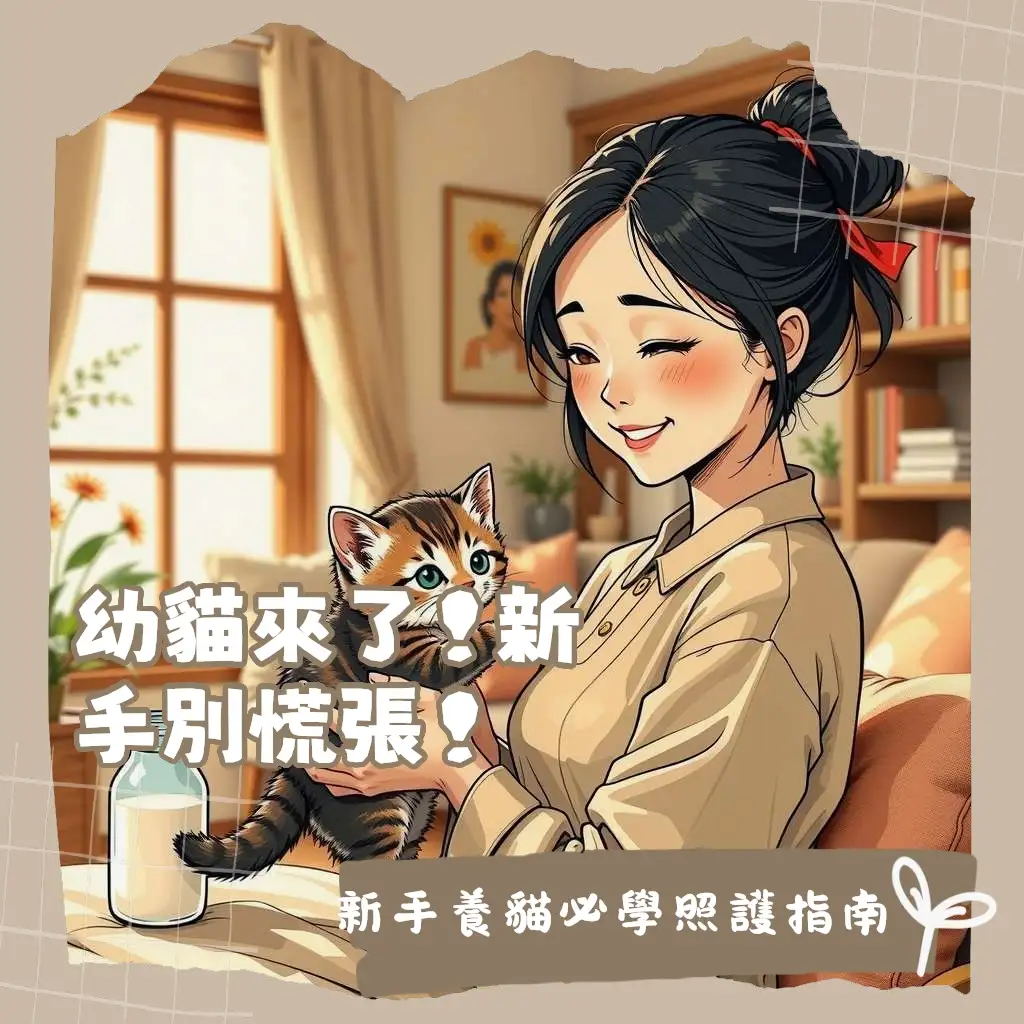 一隻可愛幼貓在溫暖毛毯中休息，代表幼貓照顧指南的核心保暖、餵食與健康成長。