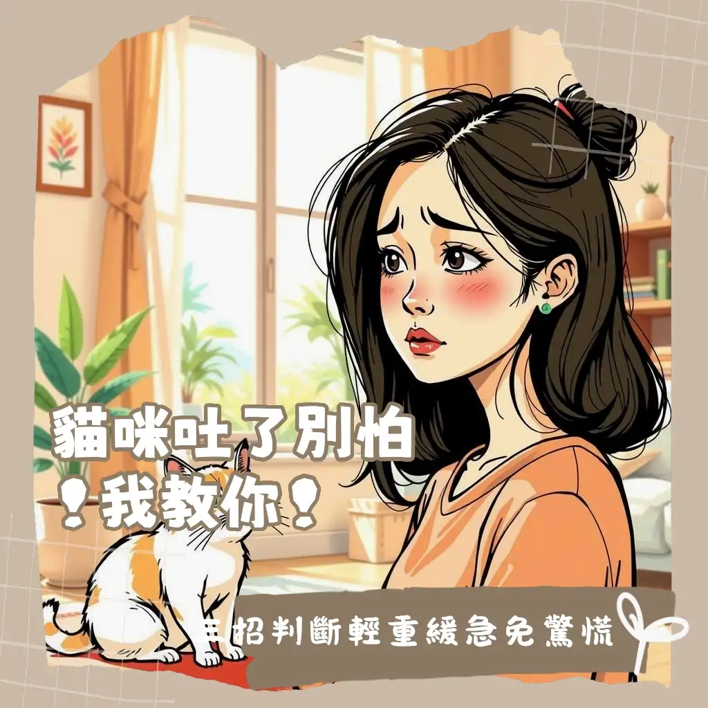 一隻正在吐毛球的貓咪，飼主正在觀察。本文詳細解釋貓嘔吐原因、症狀判斷與就醫時機。