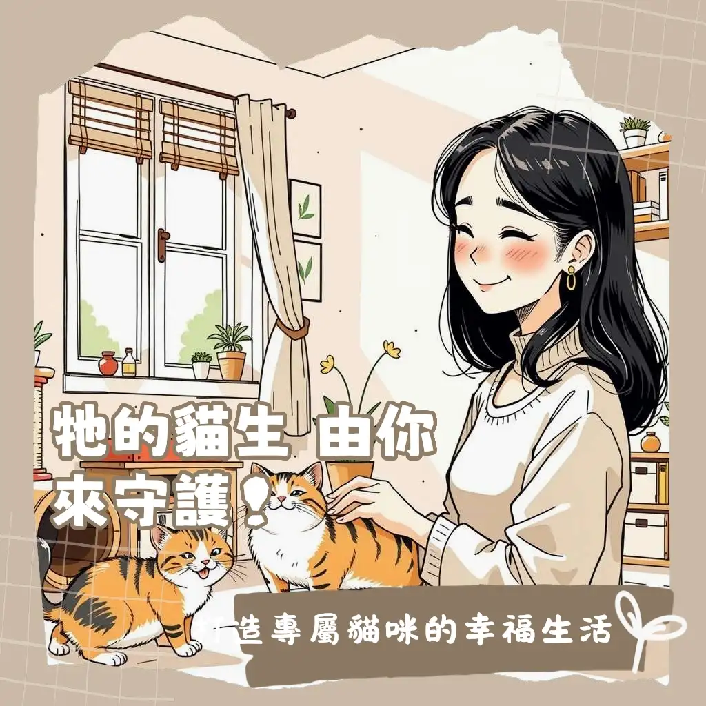 一位飼主溫柔撫摸著健康的寵物貓，周圍是舒適的貓跳台和貓砂盆，象徵全面且專業的寵物貓飼養照護指南。