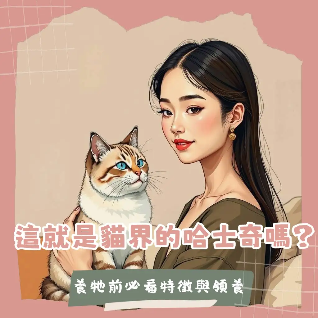 一隻擁有藍色眼睛與臉部白色斑紋的哈士貓特寫，展現其迷人外觀與潛在的雪鞋貓或暹羅貓特徵，提供飼養指南。