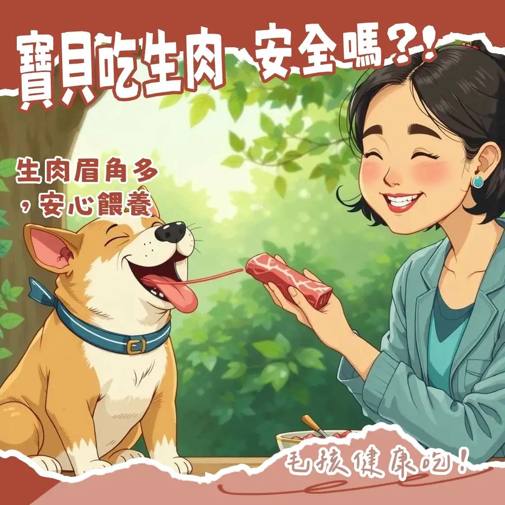 狗狗吃生肉的日常照，呈現健康毛髮與活力，生食餵養指南大綱。