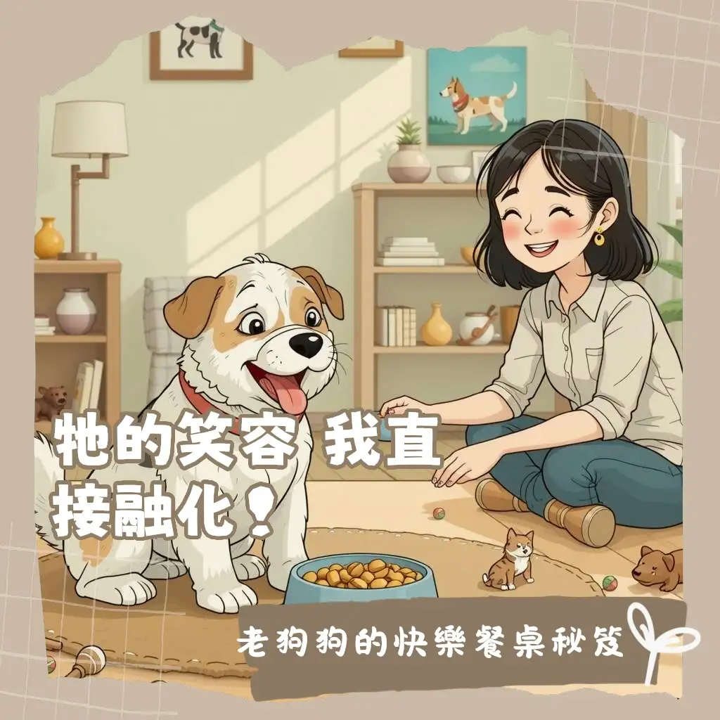 快樂的老年狗狗正在吃老年狗狗食物，強調高品質蛋白質、關節保健與消化健康。