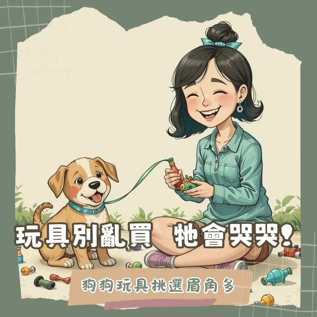 一隻小狗狗咬著天然橡膠磨牙玩具，旁邊擺放多種安全耐咬的幼犬玩具，展示如何為小狗狗選擇合適的玩具。