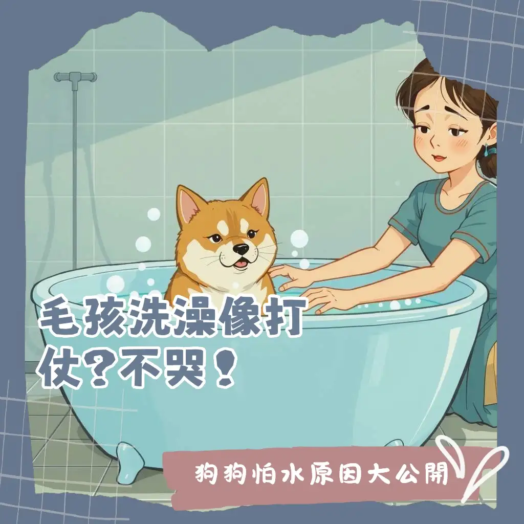 狗狗怕洗澡的原因分析圖，包含負面經驗、感官刺激、空間限制與改善方法。