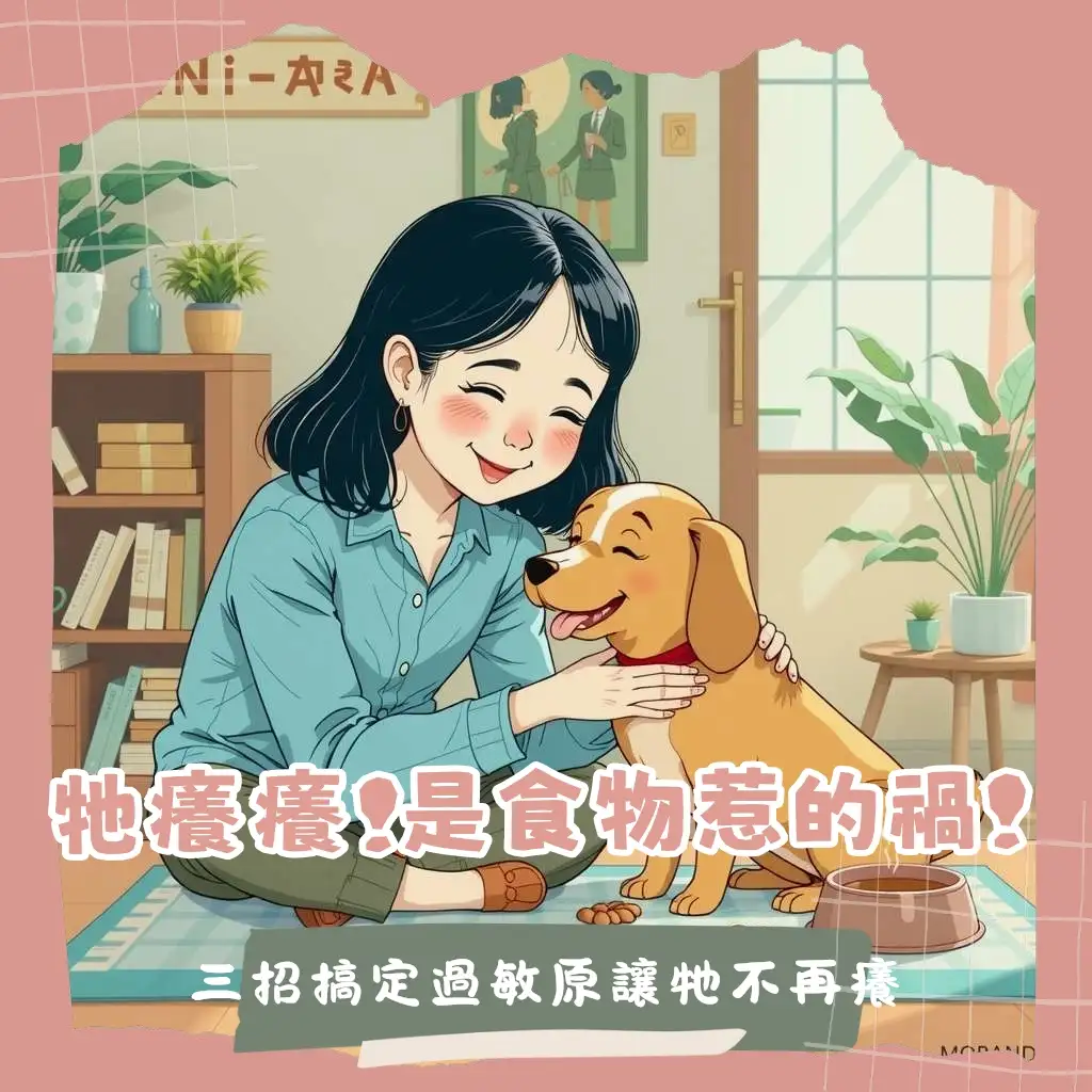 一隻快樂的狗狗正在吃低過敏飼料，圖示狗狗食物敏感的症狀、測試與飲食管理建議。