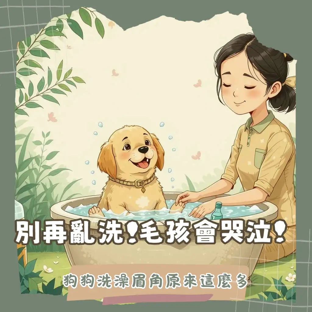 飼主正溫柔地幫狗狗洗澡,圖示說明狗狗洗澡頻率與皮膚健康護理大綱。