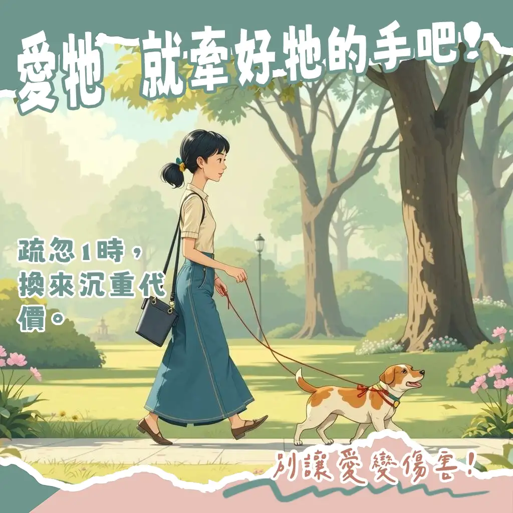 遛狗不牽繩車禍風險高，飼主應繫牽繩確保毛孩與公共安全，避免法律與財物損失。