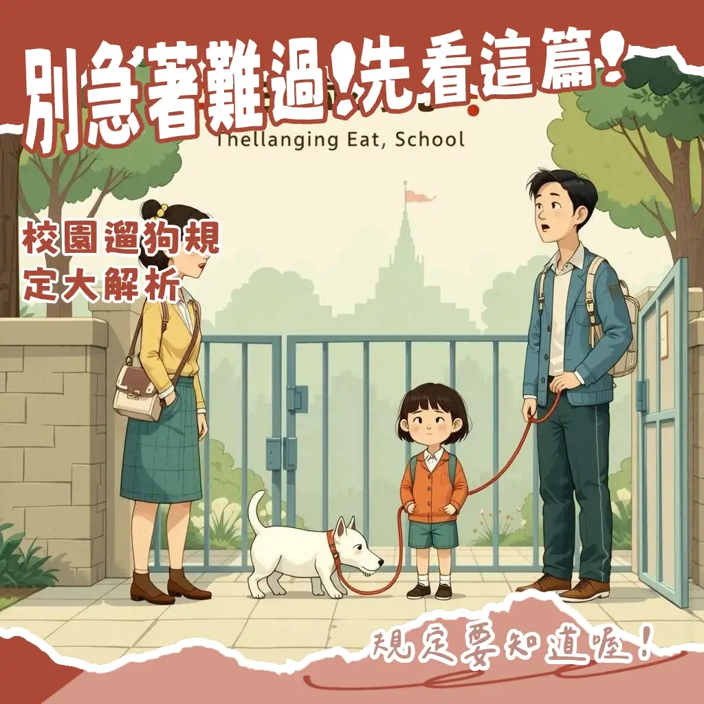 學校可以遛狗嗎的圖解，顯示校園內禁止遛狗的標誌，並搭配狗狗與飼主在公園安全散步的畫面，解釋校園遛狗規定與考量。