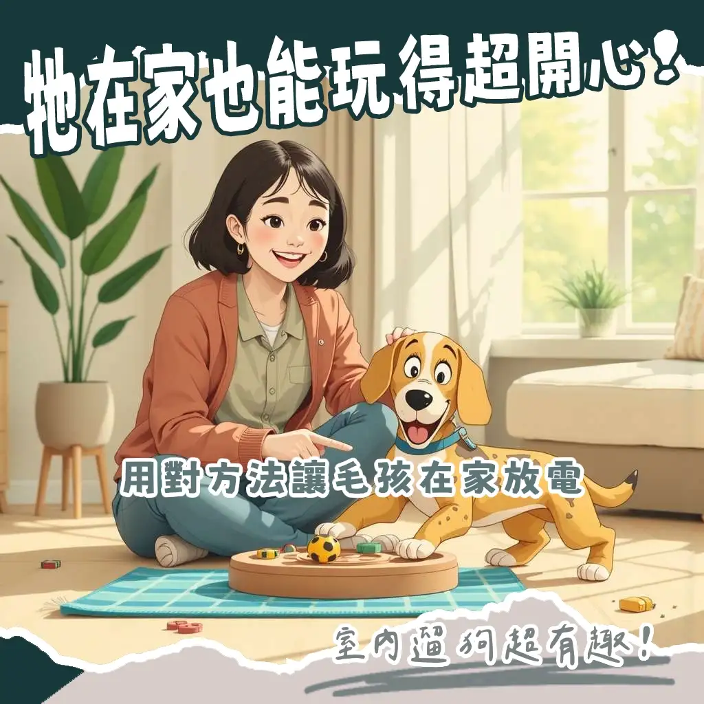 室內遛狗的狗狗在玩益智玩具，多種狗狗室內運動方式與遊戲大綱。
