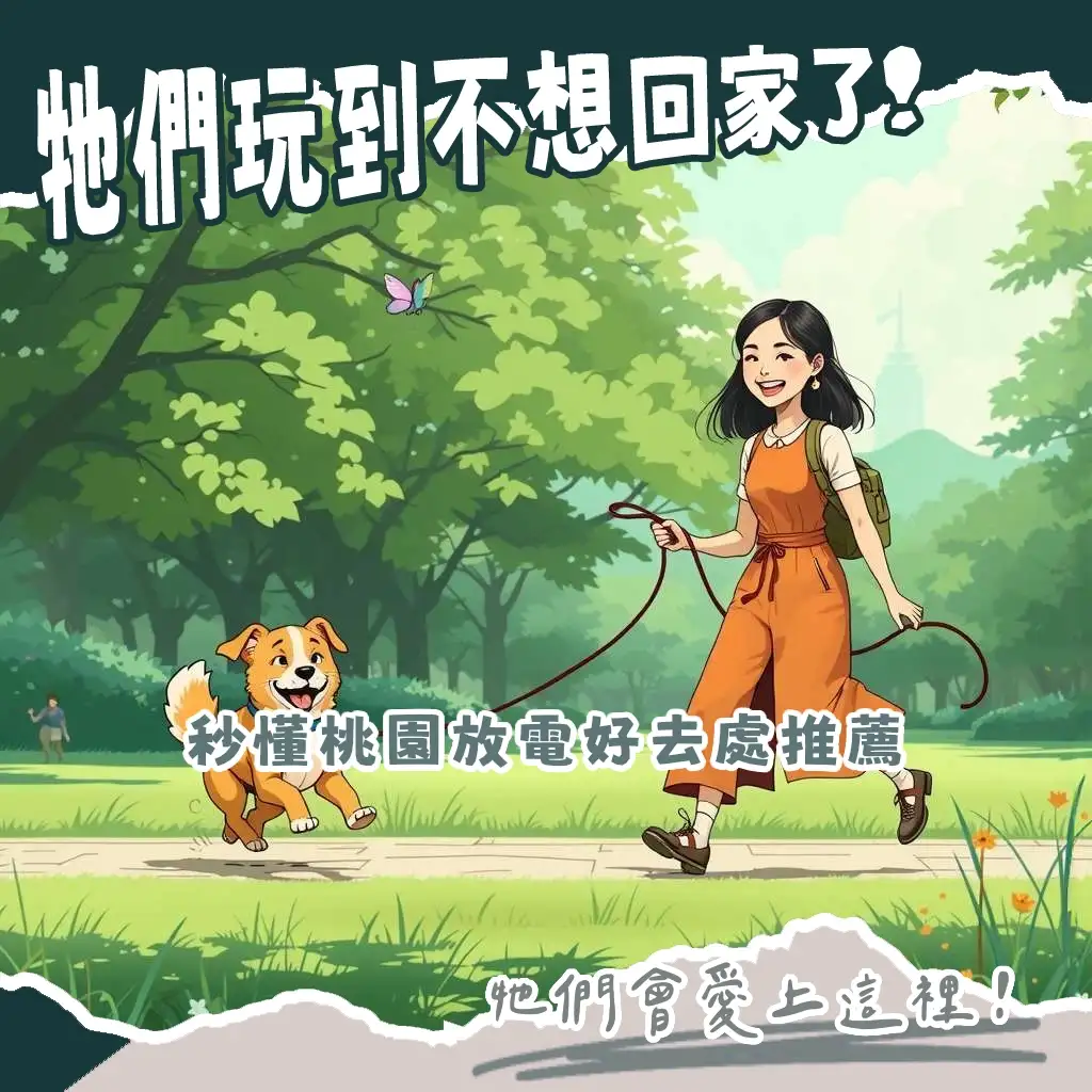 桃園遛狗地點推薦攻略圖，含毛孩在公園綠地、河濱步道開心跑跳畫面