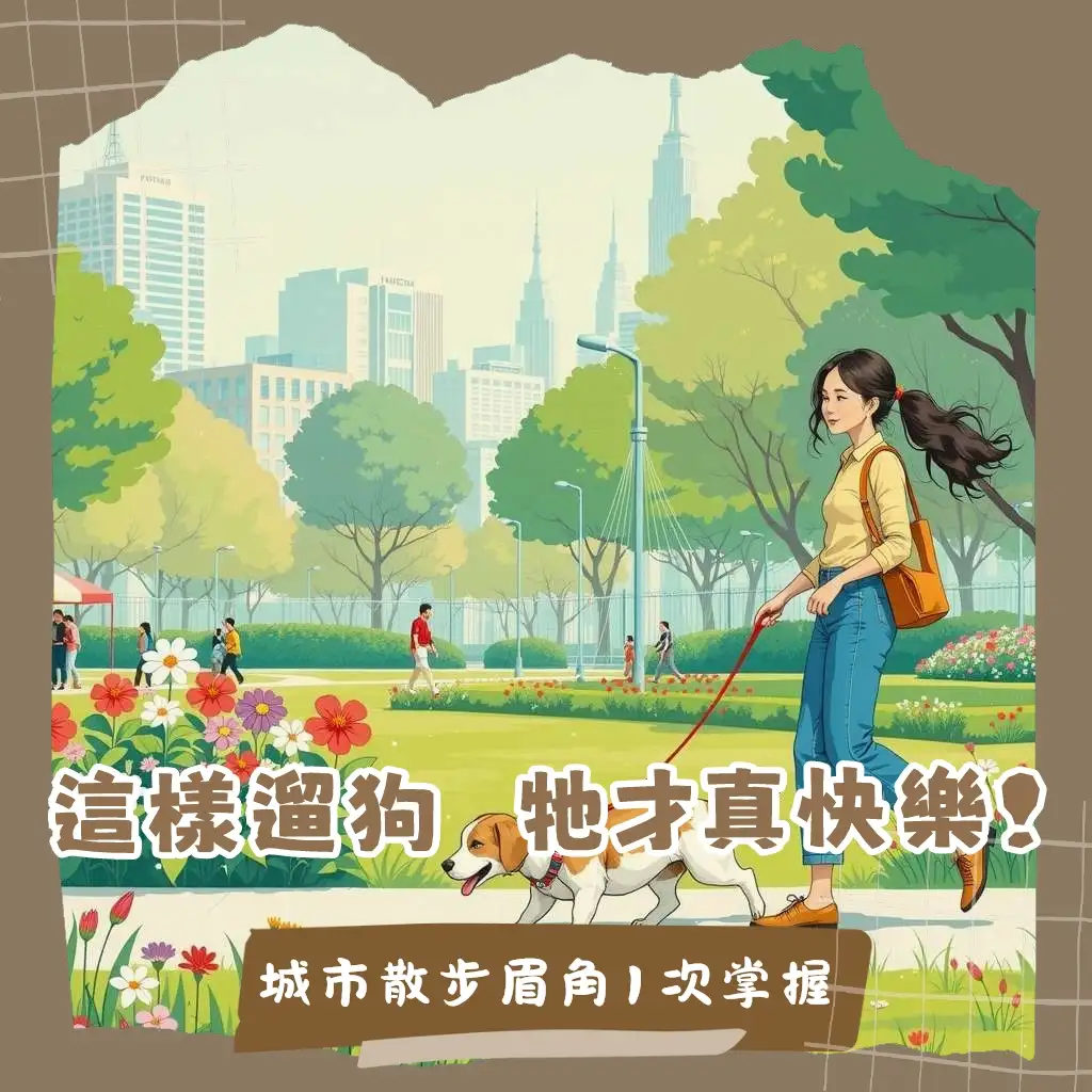 都市遛狗：毛孩在城市公園裡開心散步，飼主注意牽繩、狗便清理與環境安全，享受快樂戶外時光。