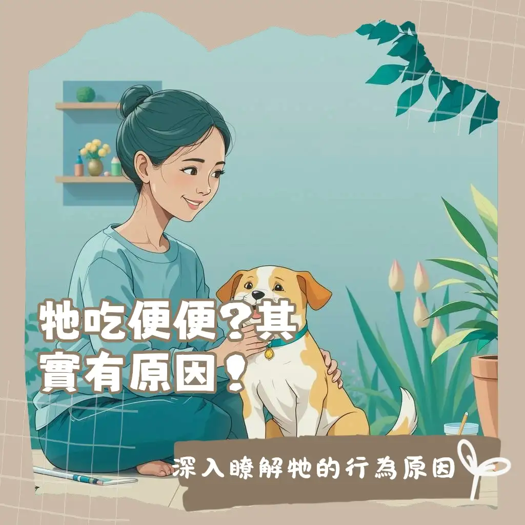 一隻狗狗正在看著自己的便便，標題為狗狗為什麼玩大便，說明食糞症原因與改善方法。