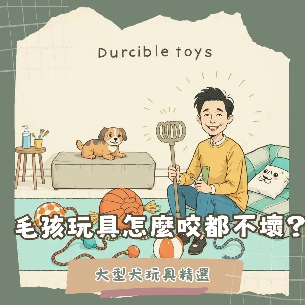 大型犬開心玩耍著耐咬的橡膠大狗玩具，飼主在旁監督，確保玩具安全。