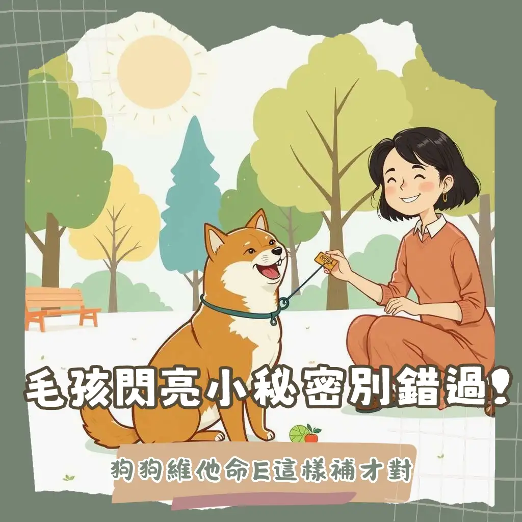 可愛狗狗的閃亮毛髮，搭配圖示說明狗狗維他命e對皮膚毛髮健康、免疫力與心血管的益處，並提供正確補充與注意事項。
