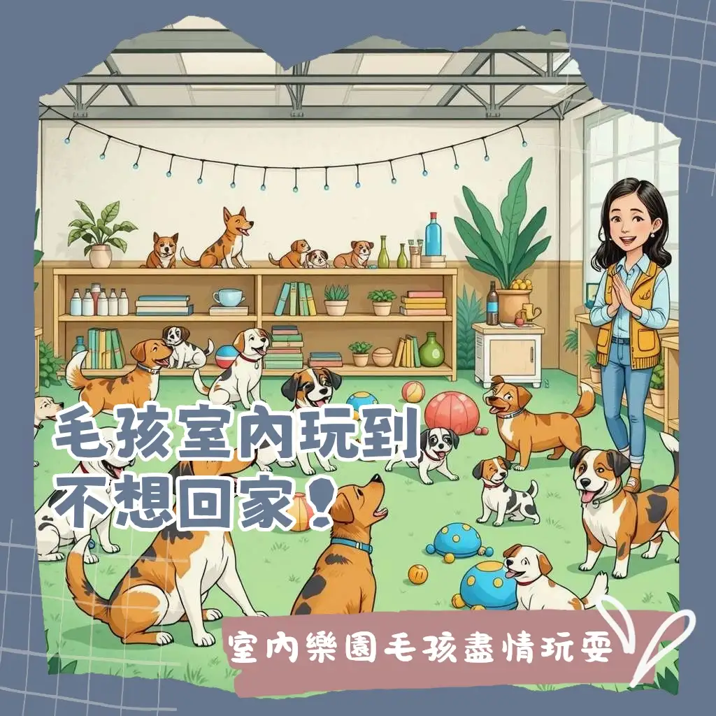 狗狗在室內寵物遊樂園奔跑，飼主正在尋找室內可以遛狗的地方，享受寵物友善空間。