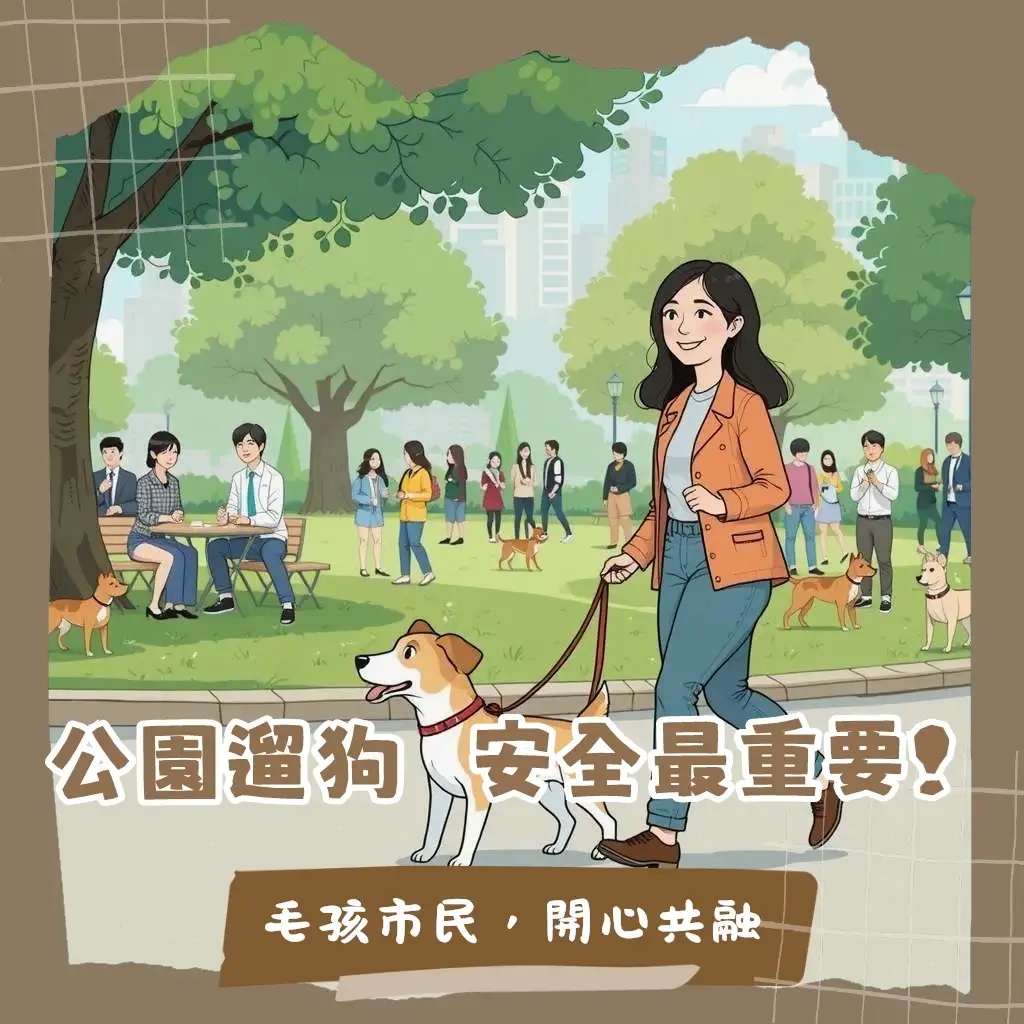 飼主在公園牽繩遛狗，遵守公園遛狗規定，共同維護公共空間。