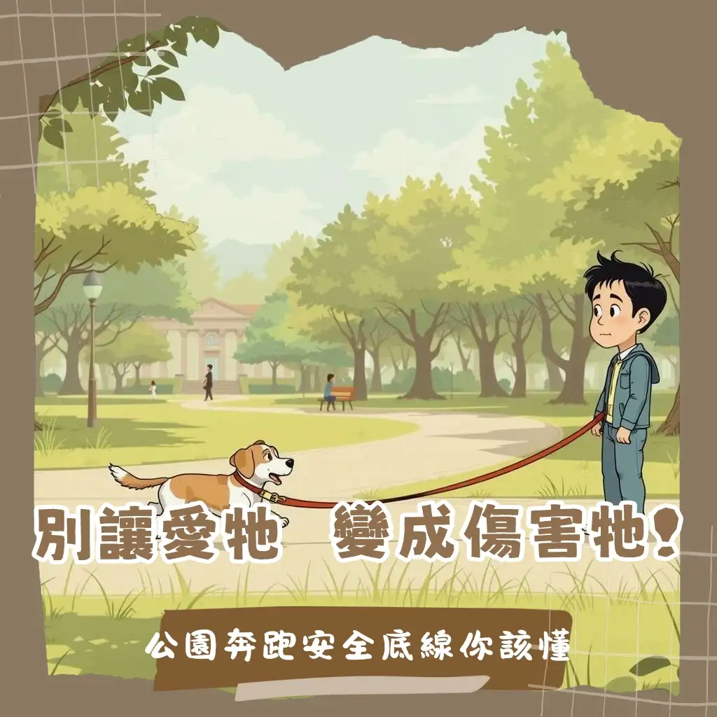 狗狗在台中公園草地上開心奔跑，但飼主已繫好牽繩，遵守台中遛狗不牽繩規定，避免罰款與意外發生。