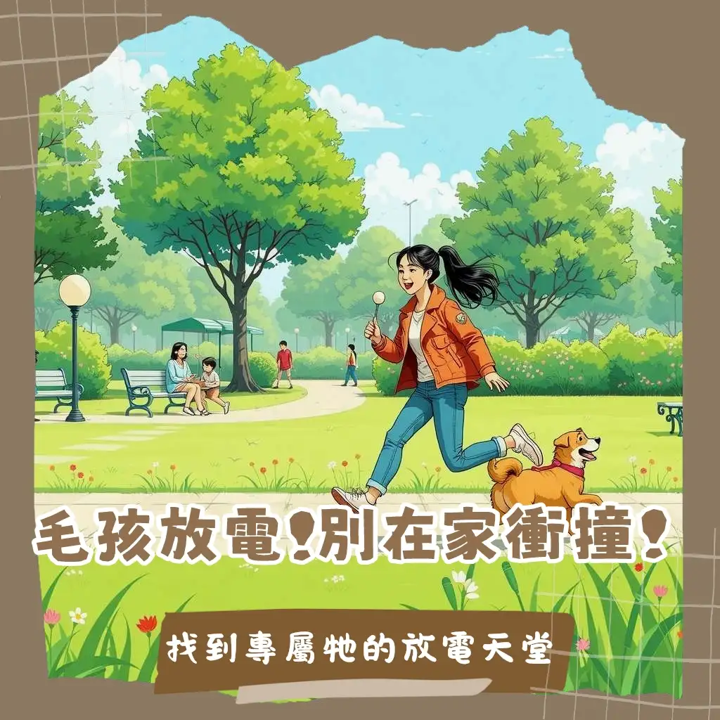 狗狗在綠地草坪上快樂奔跑的遛狗場所，毛孩與飼主開心互動的戶外生活。